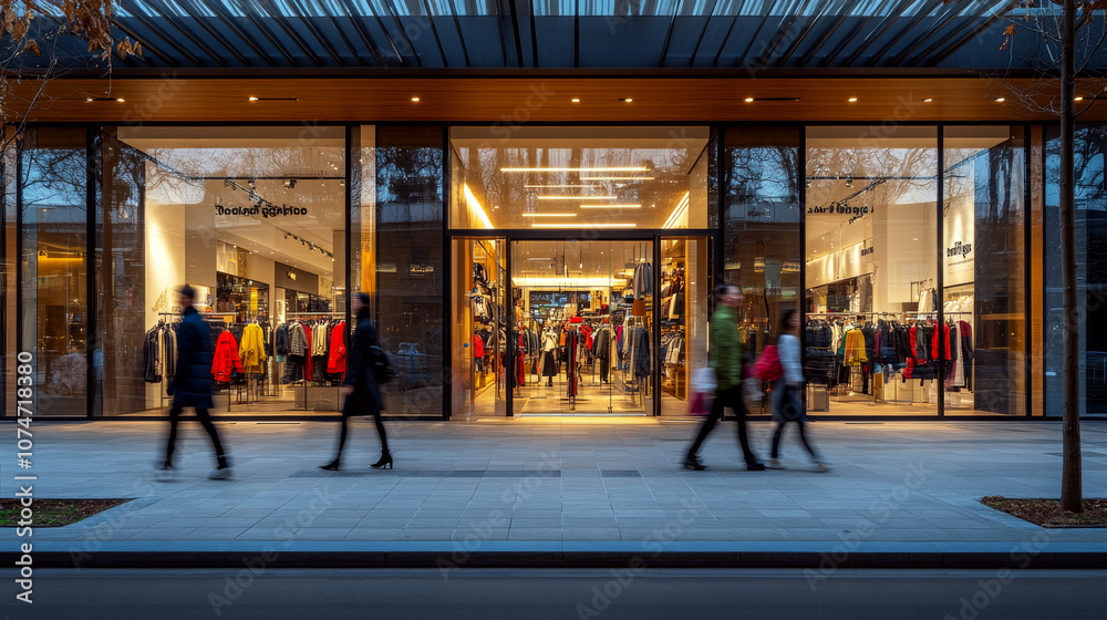 People walk past a clothing store with glass windows showing racks of clothes inside. Concept of window shopping and retail activity. For business marketing campaigns