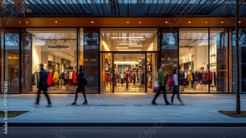 Obraz na płótnie People walk past a clothing store with glass windows showing racks of clothes inside. Concept of window shopping and retail activity. For business marketing campaigns w salonie