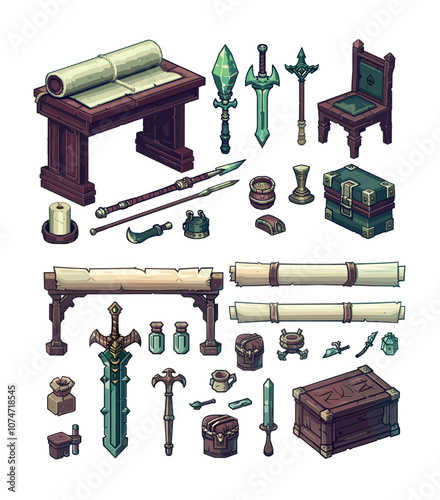 Isometric pixel art video game assets vector set. Spell manuscript wooden table scepter wizard staff timber chair, magic gems spear crystals treasure chest sword knife weapons 8 bit arcade