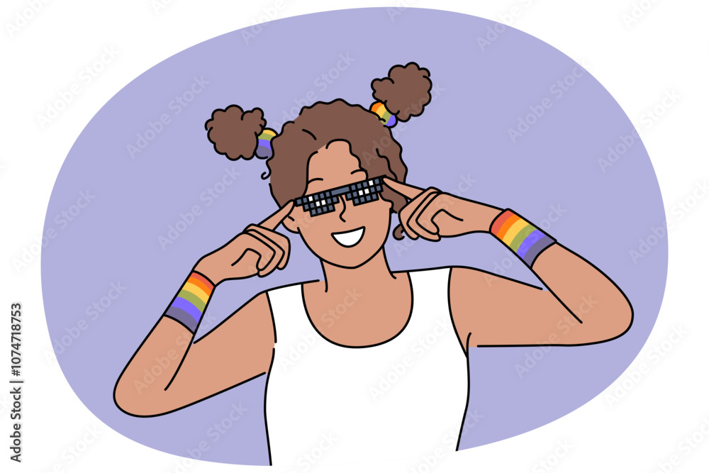 Fototapeta premium Woman with LGBT bracelets adjusts sunglasses and smiles, drawing attention to problems of LGBTq community. African American girl fight against discrimination against lesbian and LGBT activists
