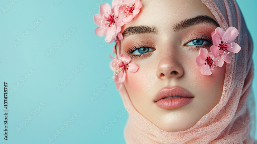 Fototapeta premium Beautiful young muslim woman with flowers and petals on her face. Beauty parlor horizontal banner concept, copyspace Blue background. 