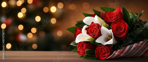 Christmas bouquet, romantic wedding bouquet with red roses. photo