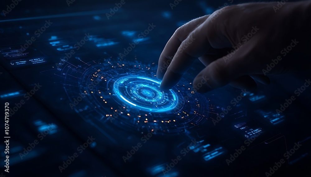 Obraz premium A hand hovers over a glowing, circular interface, showcasing a futuristic digital design with blue lights and intricate patterns.