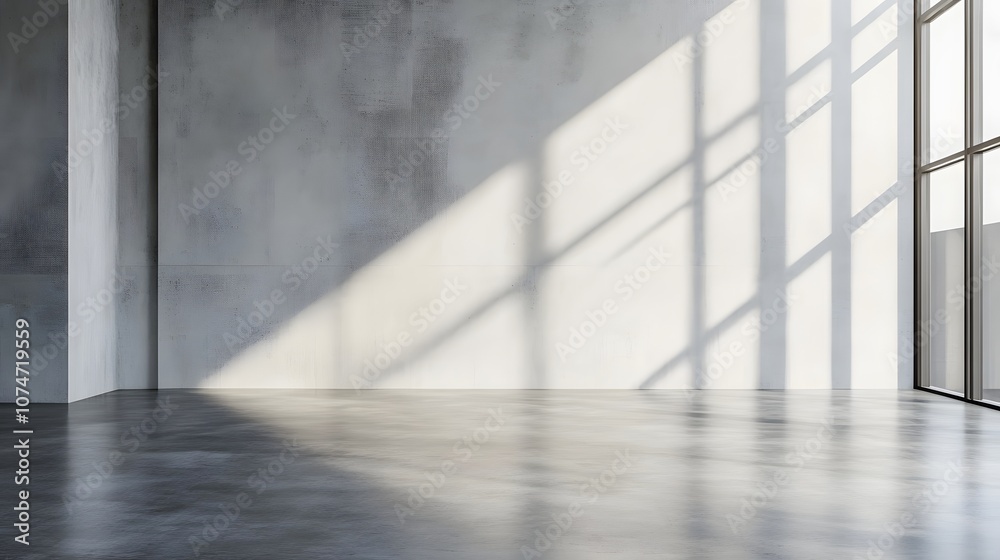 72. A sleek industrial loft with polished concrete floors and an empty shelf ready for a product 72. A sleek industrial loft with polished concrete floors and an empty shelf ready for a product