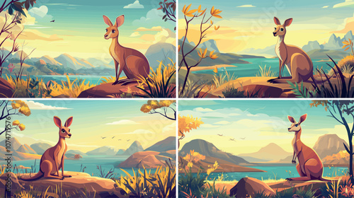 Kangaroo landscape cartoon vector concepts. Marsupial sitting stone australian animal mountains lake horizon, forest creature cute wildlife prairies inhabitant illustrations