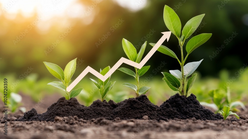 Fototapeta premium Growing plants with a rising graph symbolizing growth and development in a nature setting.