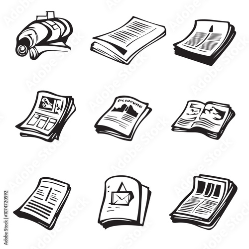 Newspaper In cartoon, hand-drawn flat style. image for social media, websites and UI. Isolated 2D vector design in logo, icon, sketch style, simple line vector, single color. AI Generative Art.