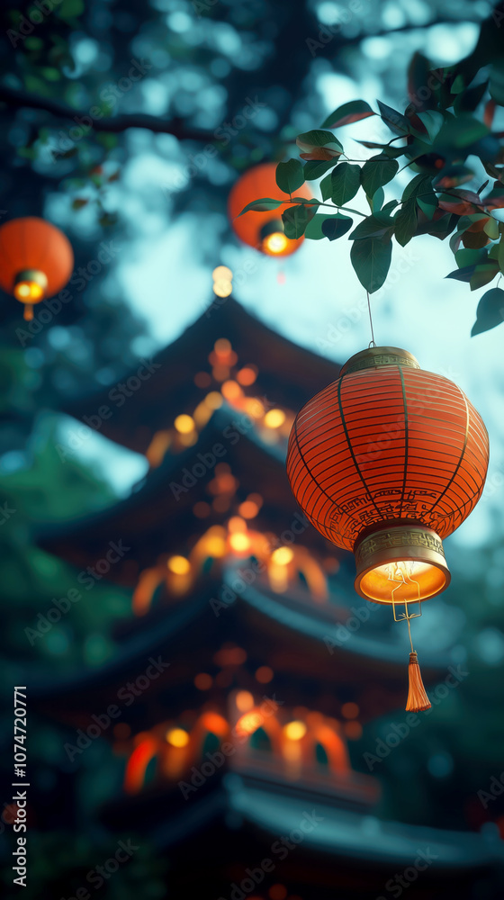 Obraz premium Serene lanterns illuminating a traditional pagoda at dusk, Vertical wallpaper