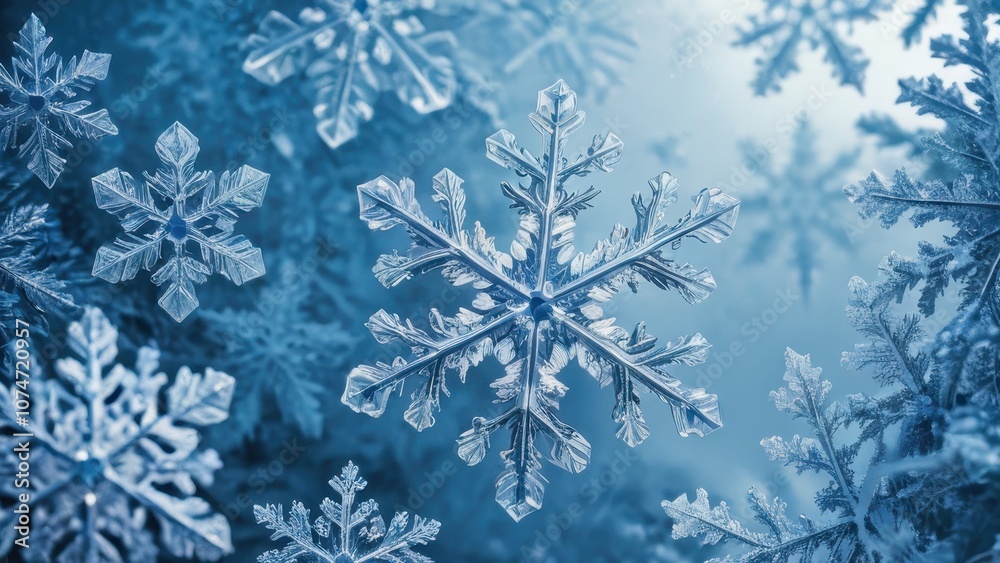 Close-up of delicate snowflakes on a dark background, highlighting the intricate patterns and unique designs of winter's beauty Close-up of delicate snowflakes on a dark background, highlighting the intricate patterns and unique designs of winter's beauty
