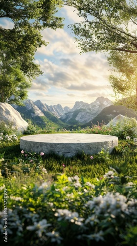 marble podium in front of nature background.  Stone tabletop podium floor in outdoors tropical garden forest blurred green leaf plant nature background