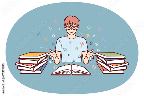 Boy student reads books and gets new knowledge from classical literature or professional textbooks. Teenage bookworm sits at table with books and, closing eyes, imagines flying letters