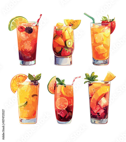 Mango cocktails cartoon vector set. Tubes glass ice cubes strawberry orange slices lime tropical fresh drink, summer natural cooled cold beverages isolated illustration on white background