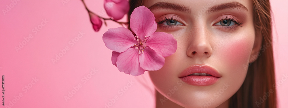 Beautiful young woman with flowers and petals on her face. Beauty parlor horizontal banner concept, copyspace Pink background. Beautiful young woman with flowers and petals on her face. Beauty parlor horizontal banner concept, copyspace Pink background.