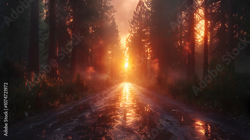 Sunset over misty forest road, serene beauty