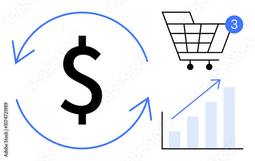 Dollar sign with blue arrows, shopping cart with notification badge, upward trending bar graph. Ideal for e-commerce, sales tracking, financial reports, business growth, online shopping, economic