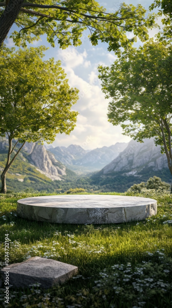 marble podium in front of nature background. Stone tabletop podium floor in outdoors tropical garden forest blurred green leaf plant nature background marble podium in front of nature background. Stone tabletop podium floor in outdoors tropical garden forest blurred green leaf plant nature background