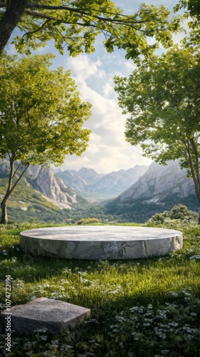 marble podium in front of nature background.  Stone tabletop podium floor in outdoors tropical garden forest blurred green leaf plant nature background