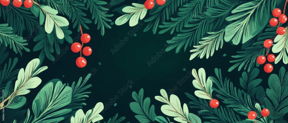 A festive digital illustration featuring evergreen pine branches and bright red berries creating a frame against a dark green background. The holiday border design. Generative AI A festive digital illustration featuring evergreen pine branches and bright red berries creating a frame against a dark green background. The holiday border design. Generative AI