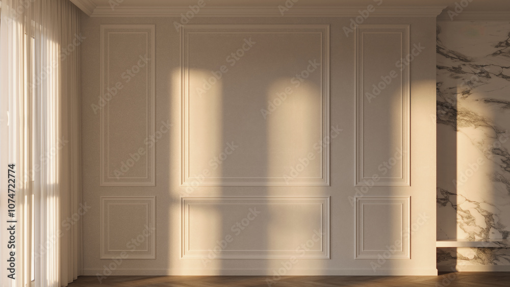 White interior in classic style on sunset. Empty sunny room with moldings on the wall, tulle and wooden floor. Mockup of interior illustration. 3d rendering White interior in classic style on sunset. Empty sunny room with moldings on the wall, tulle and wooden floor. Mockup of interior illustration. 3d rendering