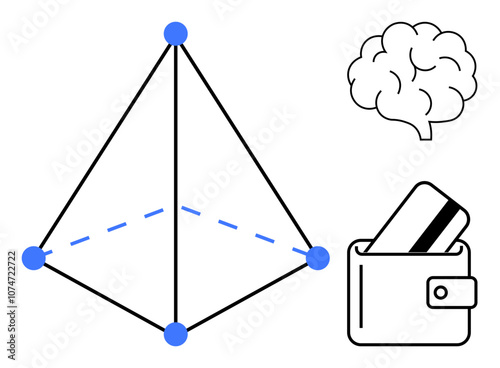 Geometric pyramid connected by blue dots, brain sketch, and wallet with card. Ideal for educational materials, financial planning, mental health, structural design, technology, creative projects