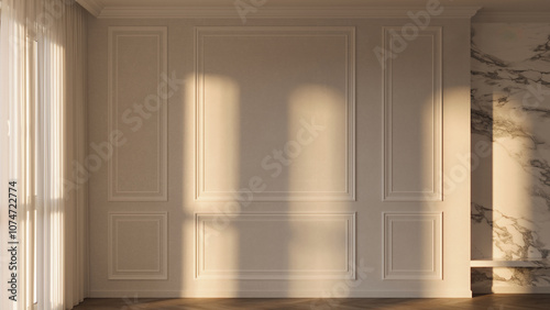 White interior in classic style on sunset. Empty sunny room with moldings on the wall, tulle and wooden floor. Mockup of interior illustration. 3d rendering