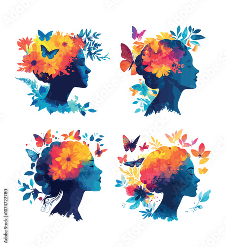 Mental health cartoon vector concepts. Hair flowers woman head portrait, thinking mind calm relax female avatars, brain positive thoughts psychological wellness care isolated illustrations