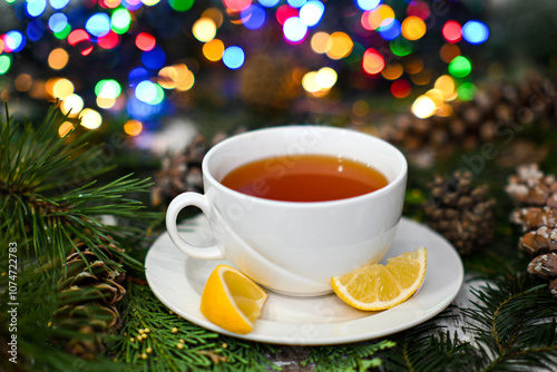 White teacup with lemon wedges, pine cones, and string lights creating a cozy christmas atmosphere