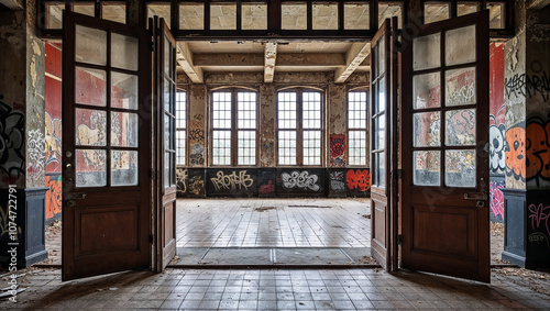Decaying room with wooden floor and vivid graffiti-covered walls