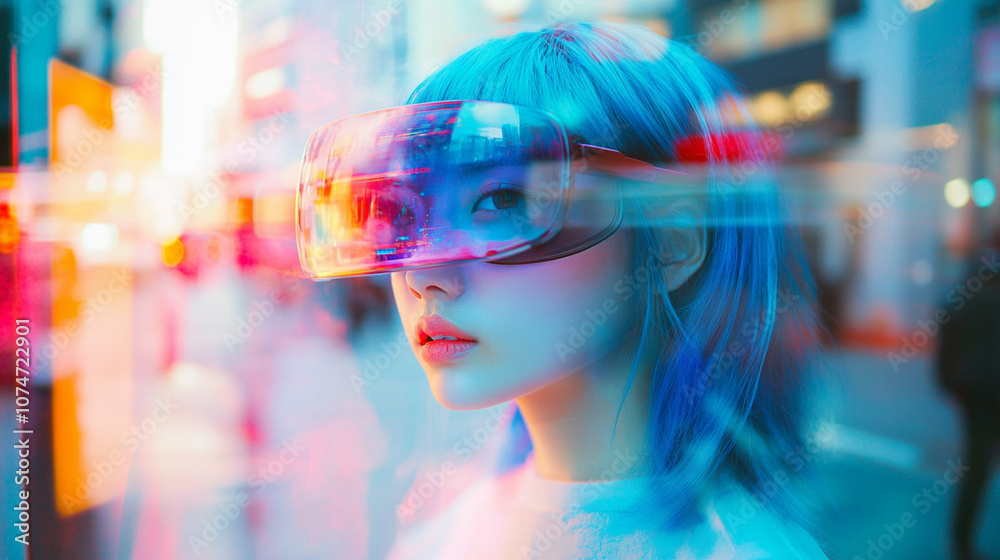 Virtual reality. Young woman with blue hair wearing VR goggles Double exposure - virtual city in the background Virtual reality. Young woman with blue hair wearing VR goggles Double exposure - virtual city in the background