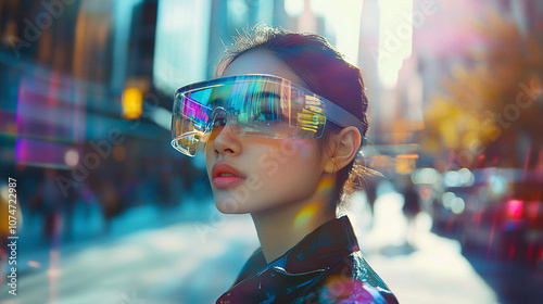 irtual reality. Young woman wearing VR goggles Double exposure - virtual city in the background	 photo