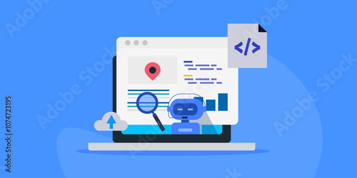 Search engine content recognition with artificial intelligence technology, ranking development AI overview conceptual vector illustration.