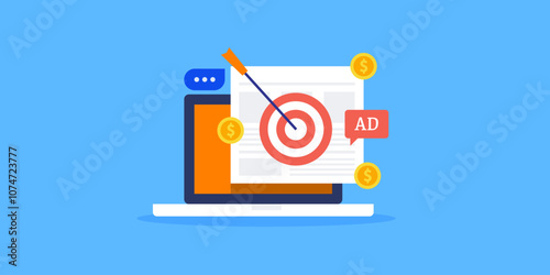 Targeting online users with website display ad network, brand promotion, sales conversion accomplishes business goal with advertising campaign, vector illustration. photo