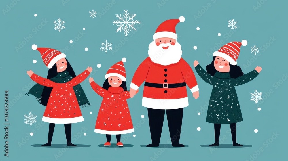A festive illustration featuring Santa Claus and three children in Christmas attire, celebrating with snowflakes in a cheerful winter setting. A festive illustration featuring Santa Claus and three children in Christmas attire, celebrating with snowflakes in a cheerful winter setting.