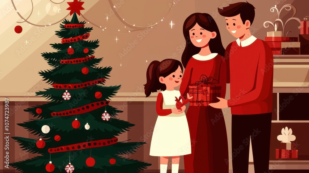 A cheerful family stands by a beautifully decorated Christmas tree, sharing a gift, capturing the warmth of the holiday season. A cheerful family stands by a beautifully decorated Christmas tree, sharing a gift, capturing the warmth of the holiday season.