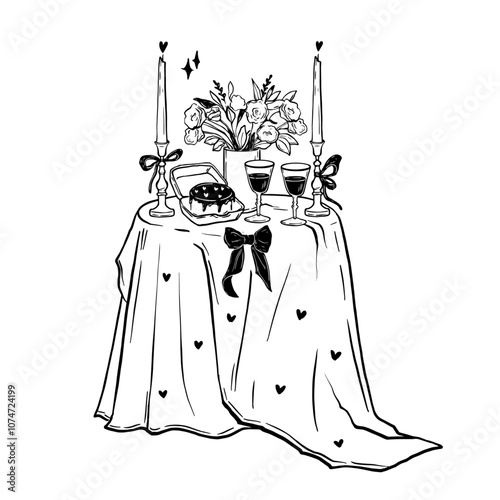Romantic dinner illustration, hand drawn vector served table doodle, Valentine day celebration date. Elegant tableware, restaurant furniture, wine glass, candles, flowers. Wedding cafe romantic dinner