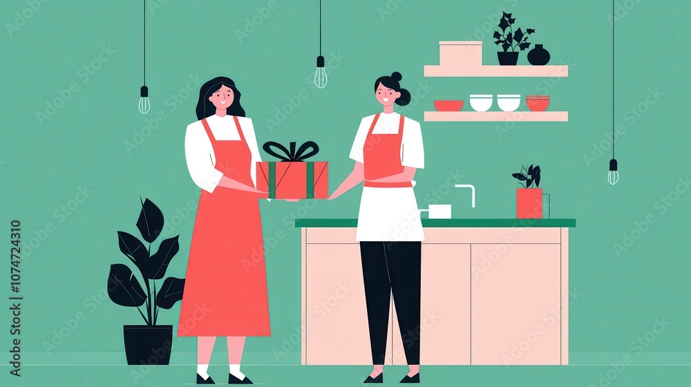 Two women in aprons exchange a gift in a cozy kitchen adorned with plants and shelves, celebrating friendship and warmth. Two women in aprons exchange a gift in a cozy kitchen adorned with plants and shelves, celebrating friendship and warmth.