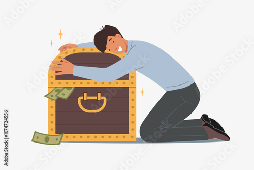Man investor hugs chest of money, rejoicing at accumulation of large capital through trading. Successful investor guy got rich by trading shares on stock exchange and became millionaire