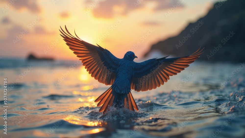 Obraz premium As the sun sets, a bird elegantly spreads its wings while wading through calm waters, casting a beautiful silhouette against the vibrant sky