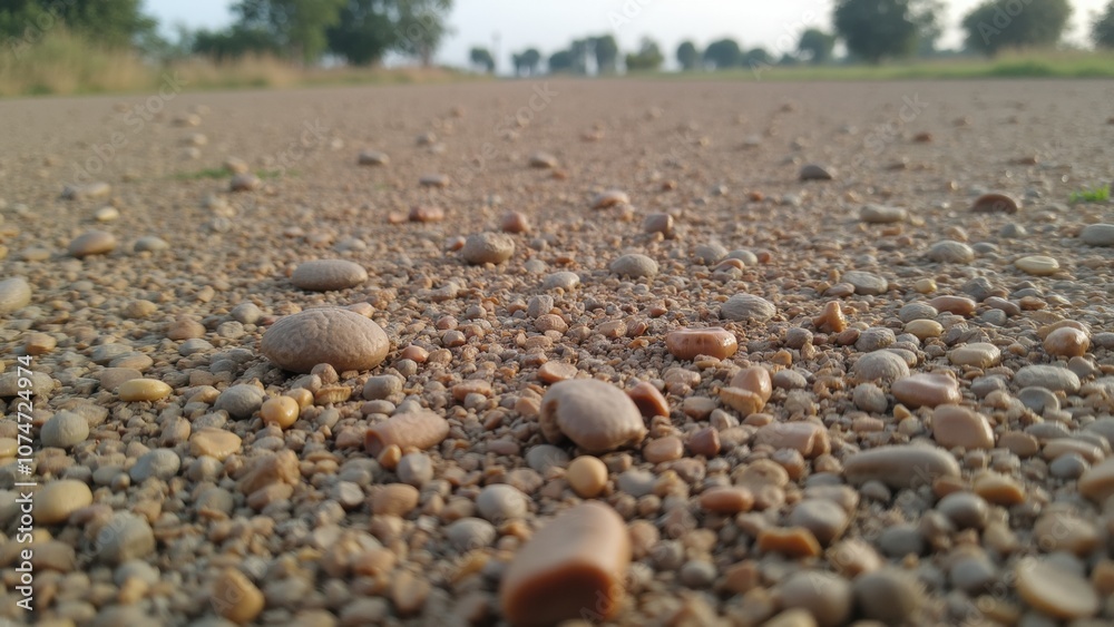 A cluster of various pebbles stretches across a dirt road, with trees in the background, capturing the essence of a serene late afternoon ambiance A cluster of various pebbles stretches across a dirt road, with trees in the background, capturing the essence of a serene late afternoon ambiance