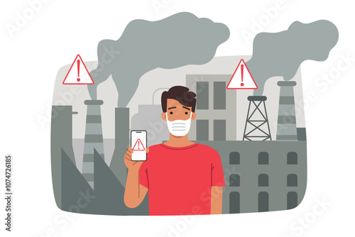 Man suffers from industrial emissions of smoke and harmful substances, standing near factory. Guy shows warnings about industrial emissions on phone, wanting to save nature and environment.