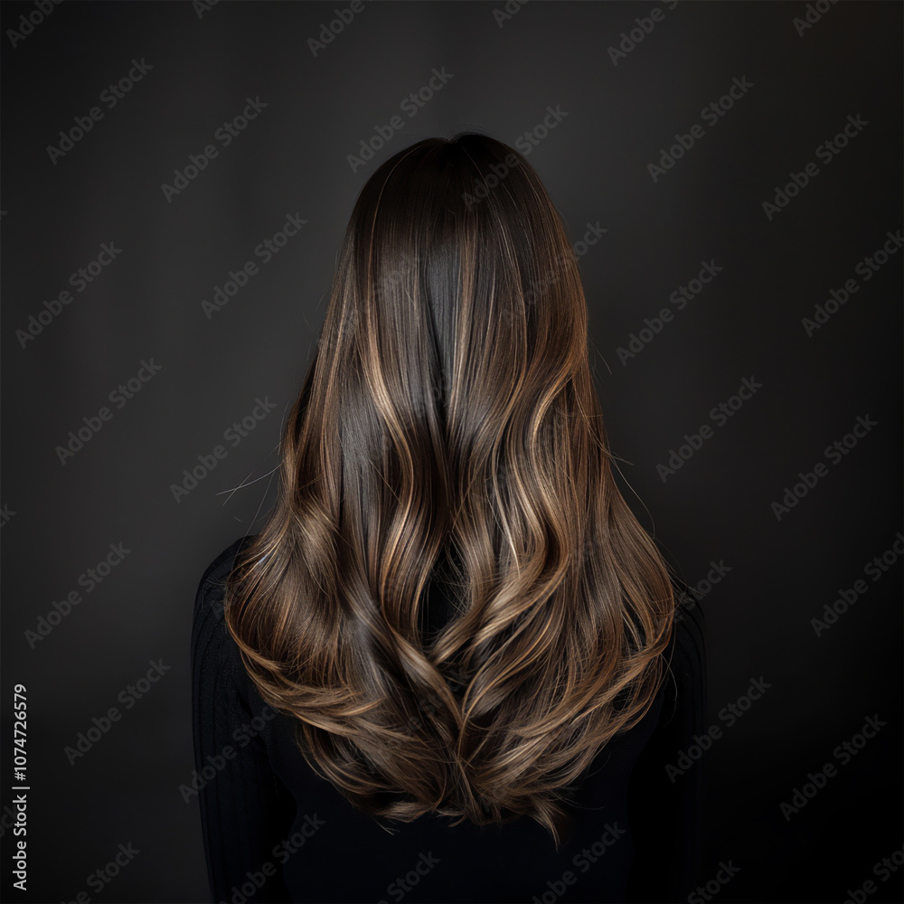Naklejka premium female long ash brown hair with highlights, cascading down her back, long wavy hair salon photography