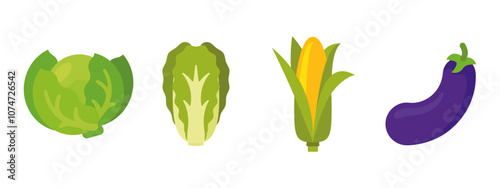 Vegetables set with White Cabbage, Napa Cabbage, Corn, Eggplant; isolated flat illustrations in transparent background