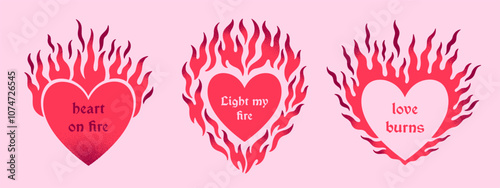 Flaming burning hearts Valentine's day illustrations. Gothic goth angel core y2k style set. Heart on fire, love burns, light my fire typographic compositions. Print design collection, card templates.
