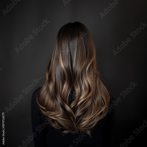 female long ash brown hair with highlights, cascading down her back, long wavy hair salon photography