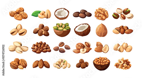 Nuts seeds cartoon vector set. Almonds coconut dried hazelnut pistachios roasted peanut snack vegetarian nutrition treats healthy food, isolated illustration on white background