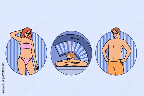 People sunbathe in solarium, standing or lying among glowing blue lamps that allow them to give bodies light tan. Visitors to solarium in SPA or fitness center enjoy healing procedure