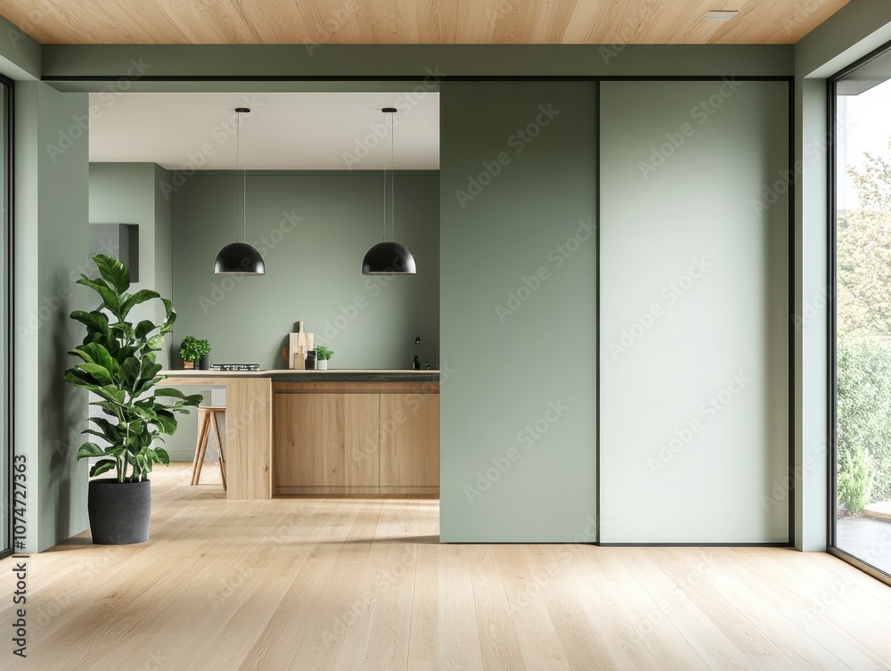 Fototapeta premium A kitchen with a sliding door and a potted plant