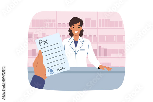 RX prescription form in hand of pharmacy visitor who came to woman pharmacist for medicine. Pharmacologist girl greets patient in need of antibiotics from RX prescription with smile