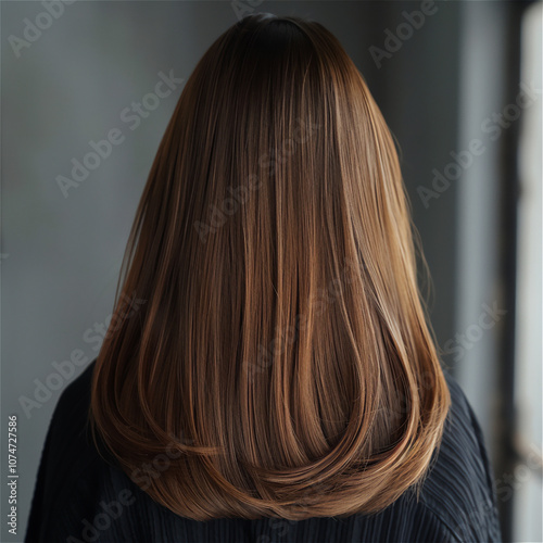 female long ash brown hair with highlights, cascading down her back, long wavy hair salon photography