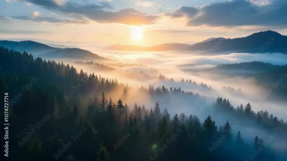Misty forest with sunrise over the mountains. Misty forest with sunrise over the mountains.